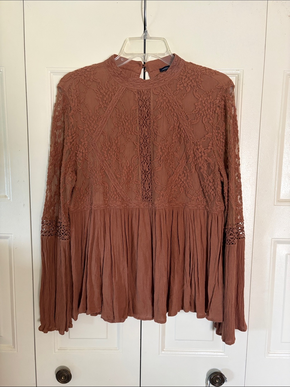 American Eagle Cottage Boho Fairy Crocheted Lace Top Bell Sleeve Buttons Flowy S